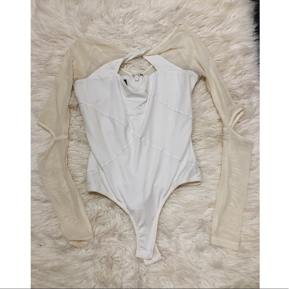 Bebe White Bodysuit w/ Cream Mesh Sleeves